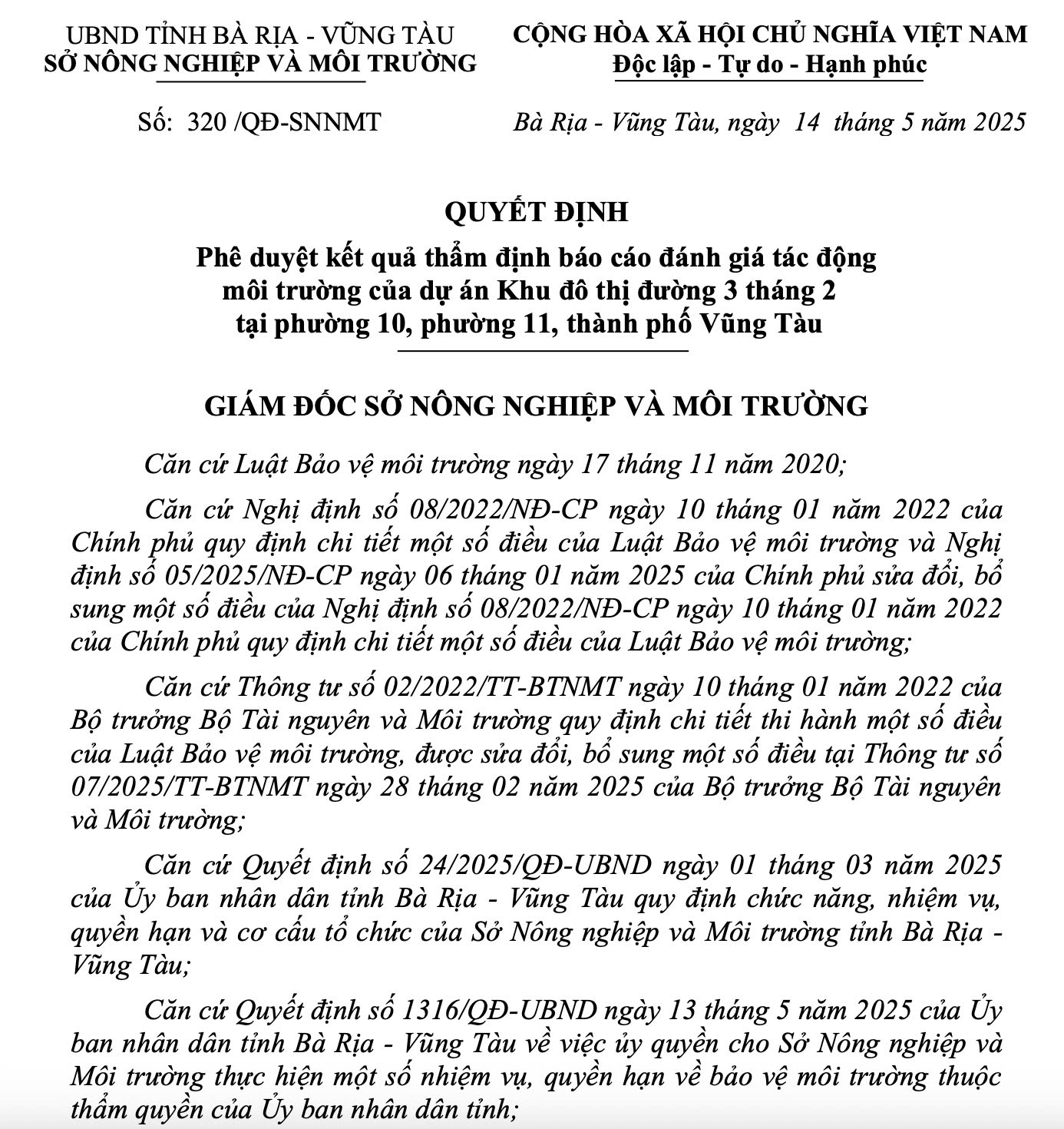 Quyết định đánh giá tác động môi trường dự án Blanca City
